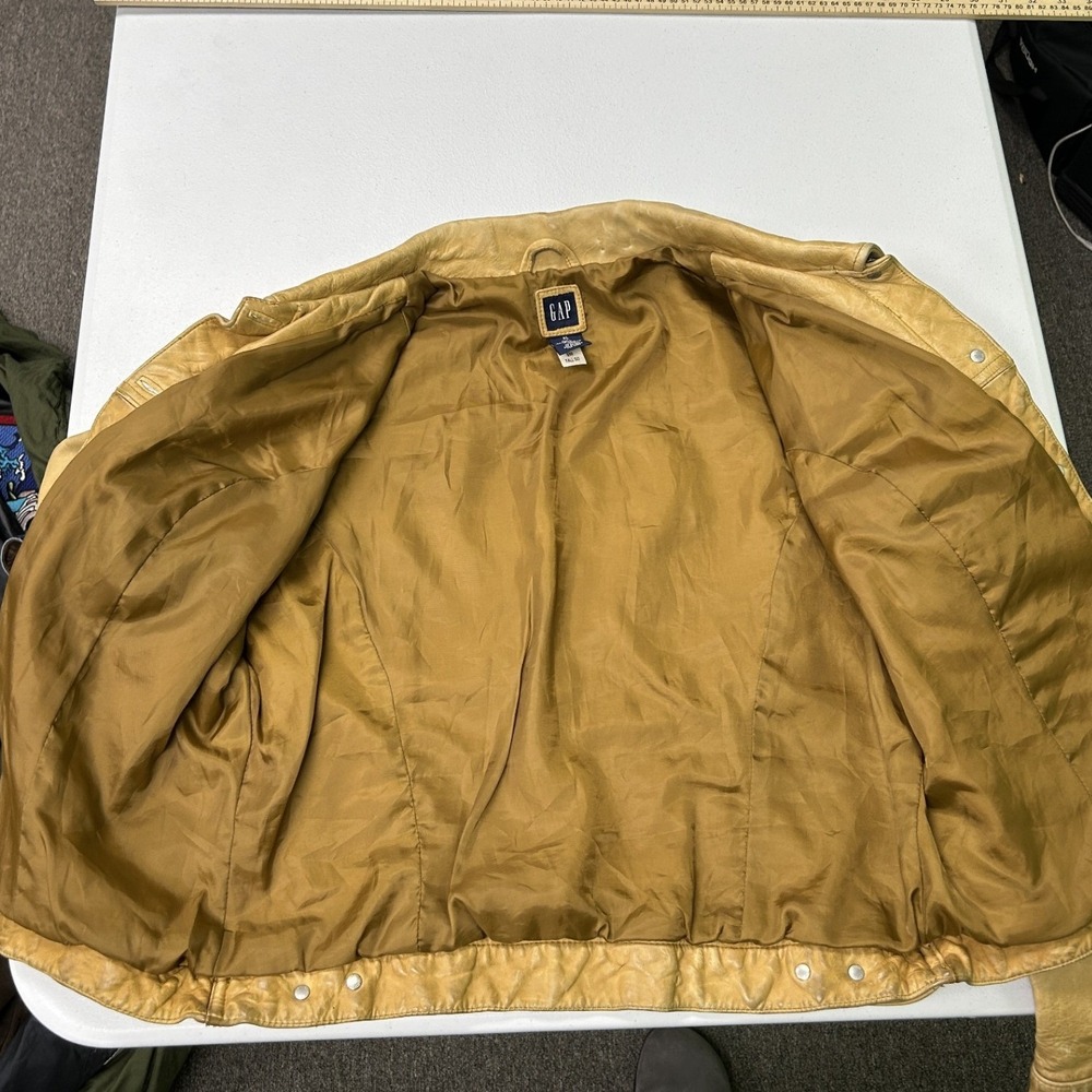 Gap Leather Trucker Jacket Womens XL Yellow Tan Button Front Vintage Style G2 - Picture 2 of 5